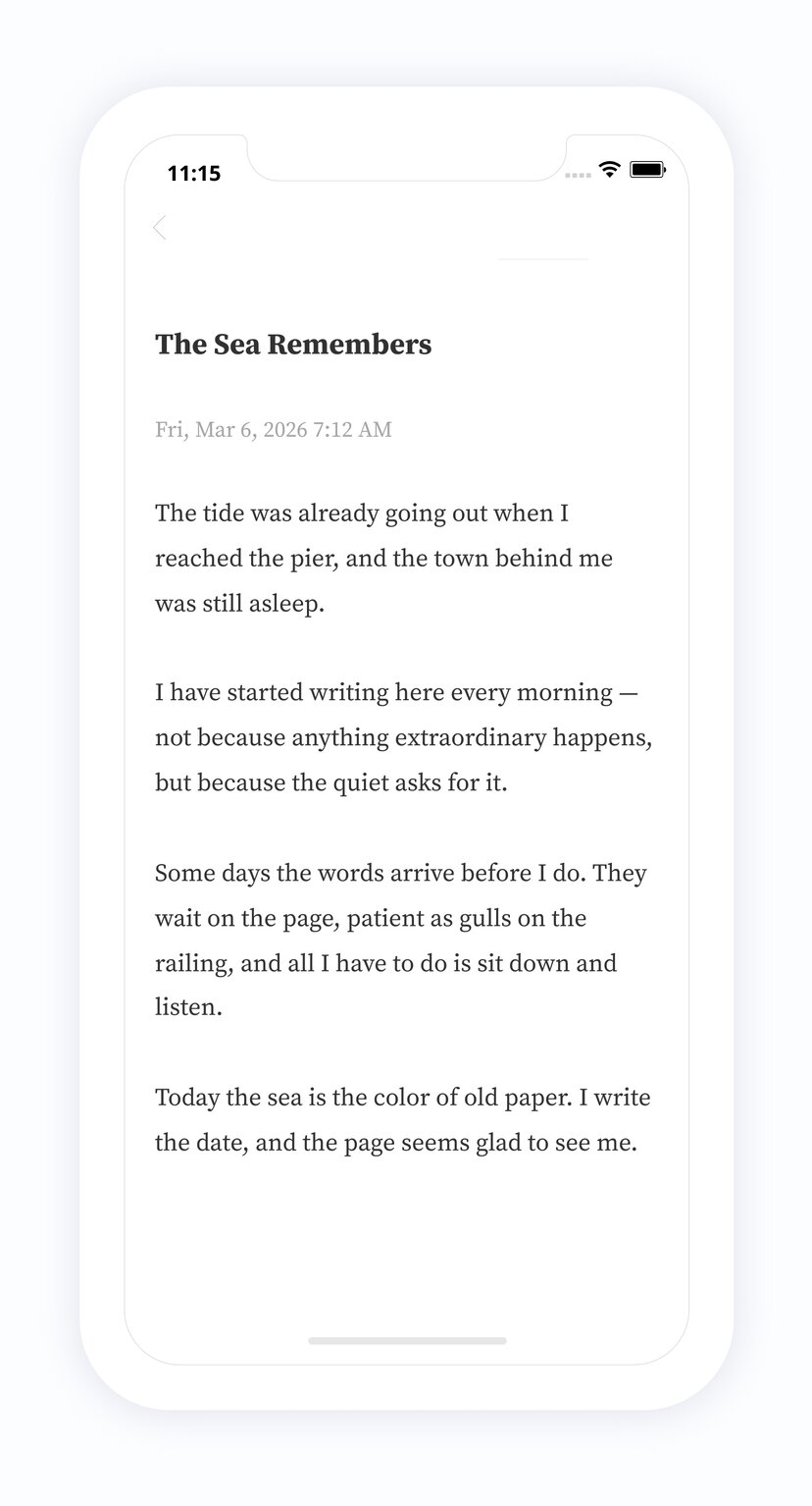 PenCake app — a long journal entry in elegant serif typography