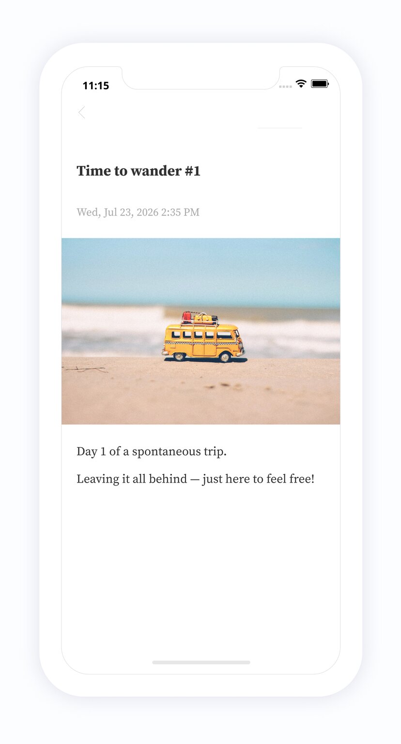 PenCake app — a journal entry with an inserted photo